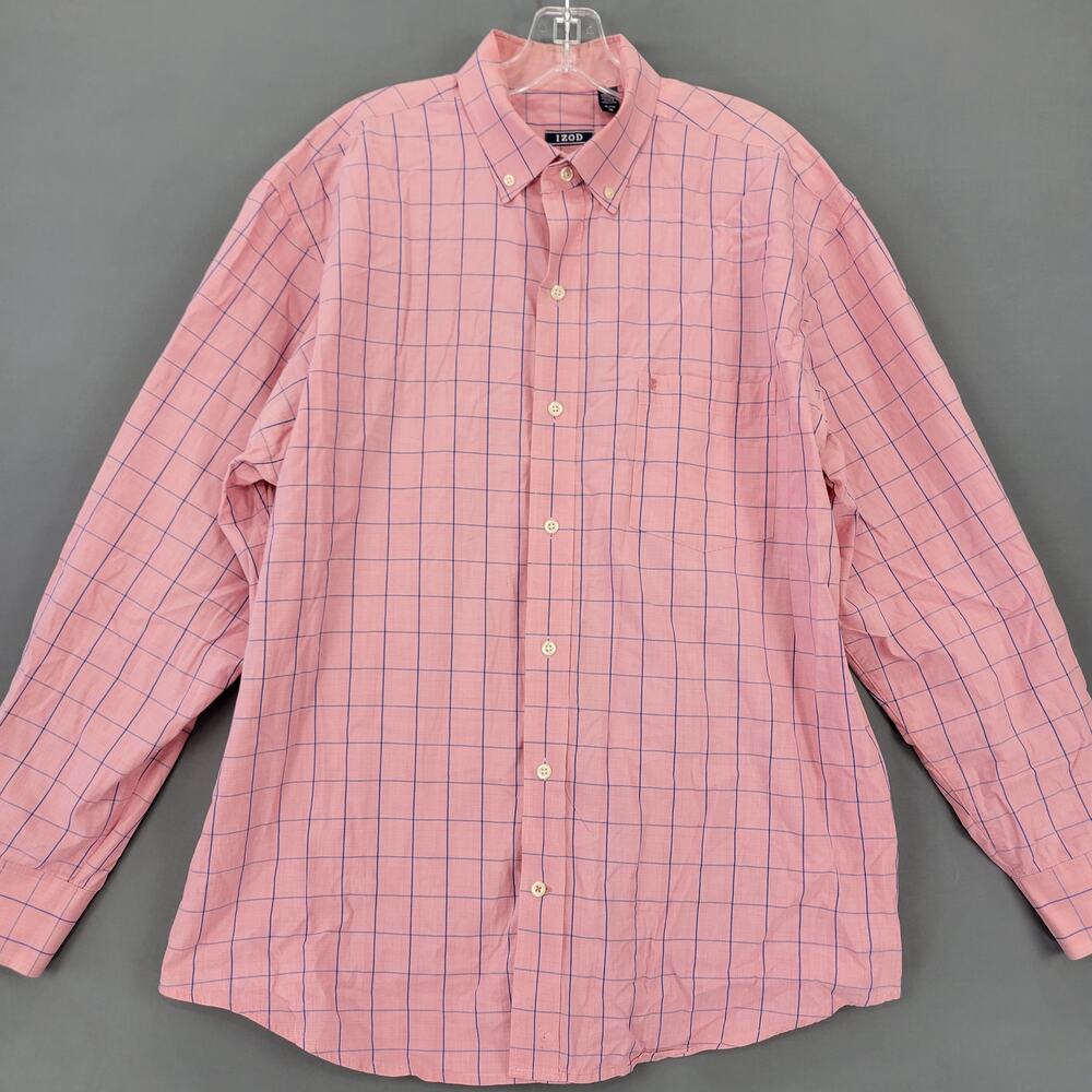 Izod Pink Plaid Button Down Shirt Classic Long Sleeves Men's Size XL Lightweight